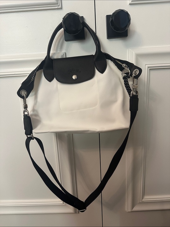 Longchamp Handbags - Longchamp Le Pliage Energy White Top Handle Bag with Black Leather Trim